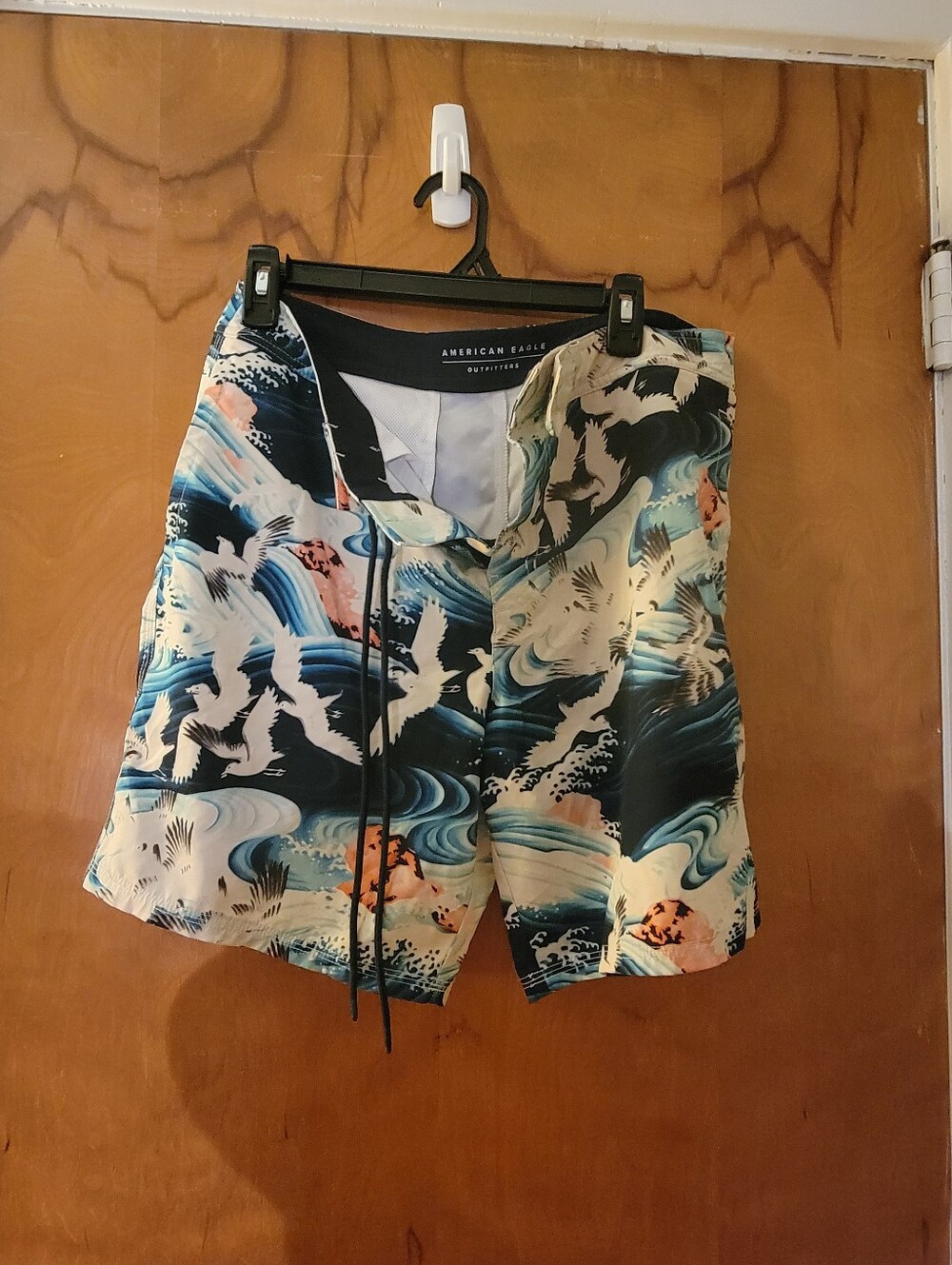 American Eagle Outfitters Blue and Cream Wave Print Swim Shorts